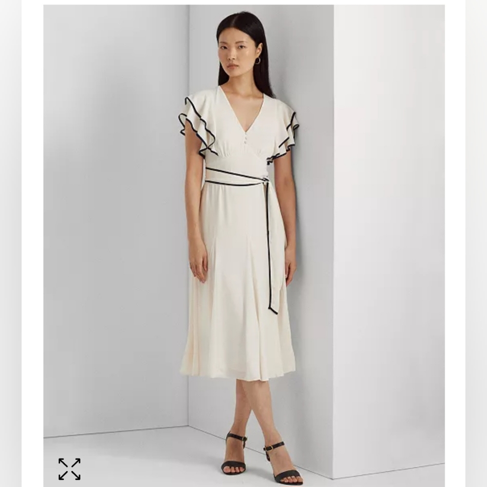 Lauren Ralph Lauren Cream Midi Wrap Dress with Black Trim